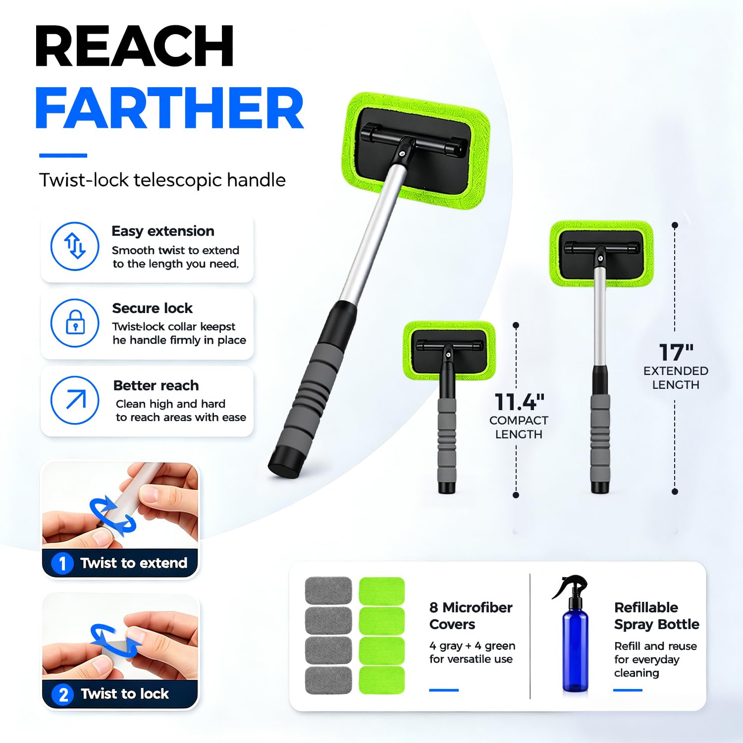 XINDELL 180° swivel head angled to clean tight windshield corners