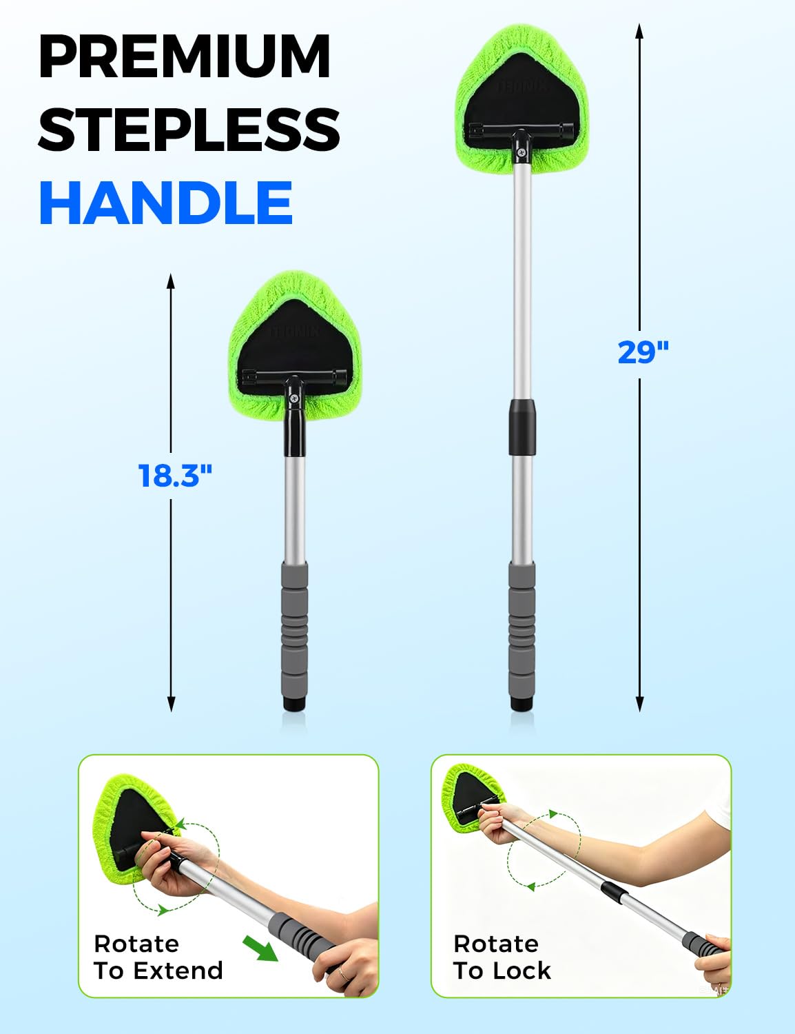 XINDELL extended handle in use reaching high windshield for safer, easier cleaning