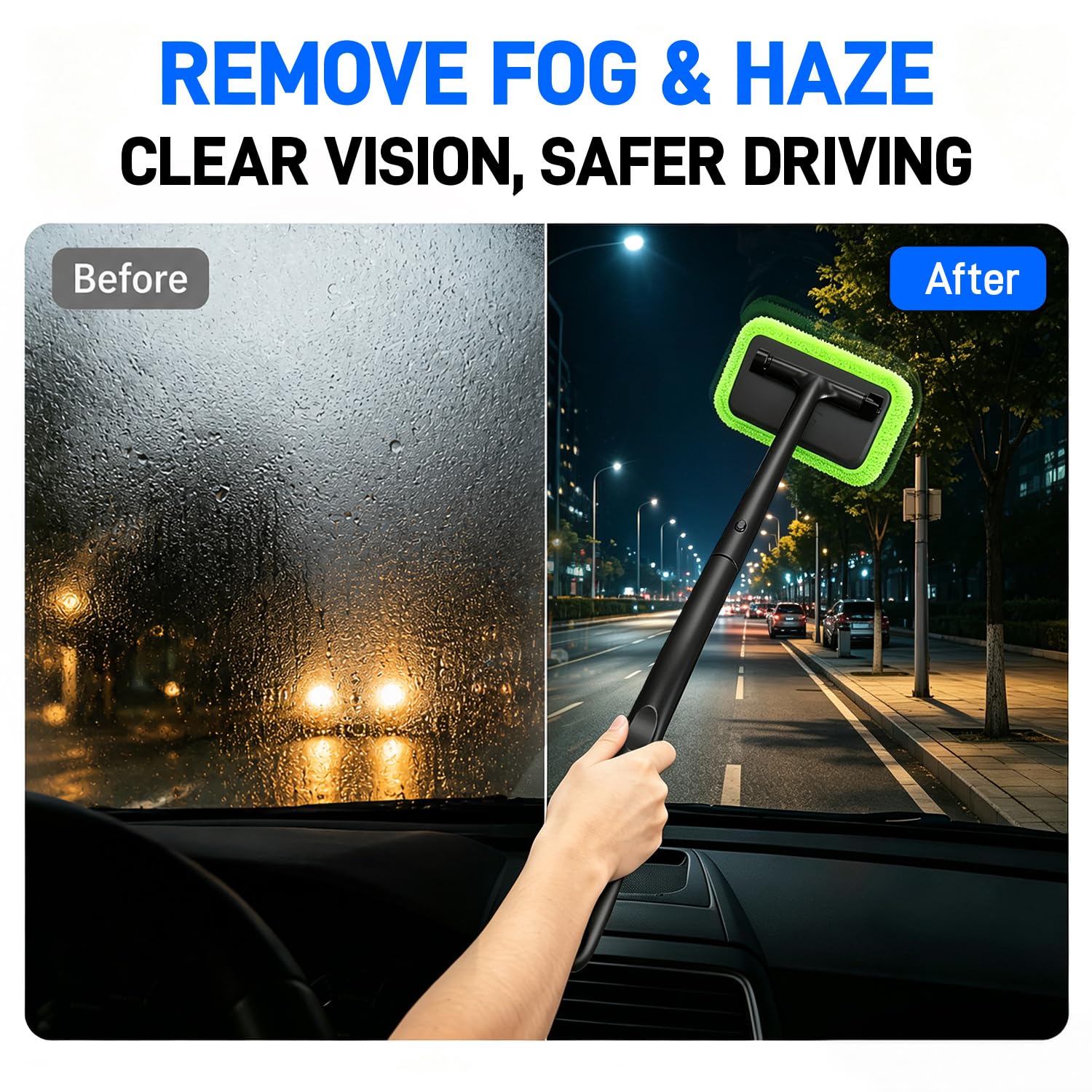 Xindell tool cleaning inside windshield showing better visibility and control