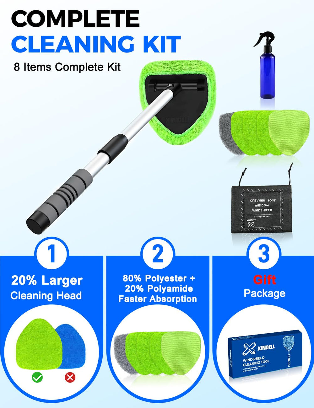 XINDELL tool in use inside windshield for quick driver-side cleaning