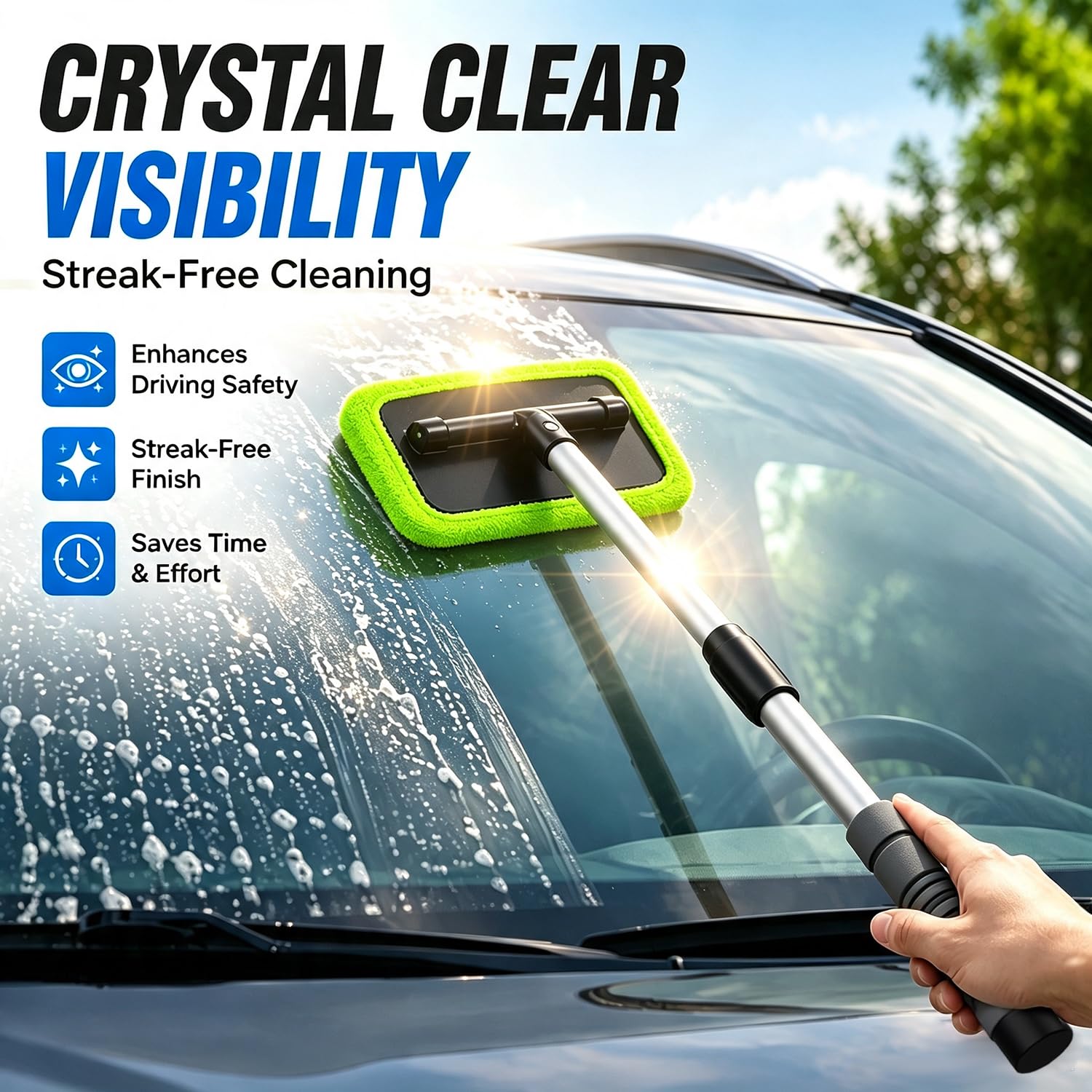 XINDELL tool cleaning interior windshield showing easy one-handed use
