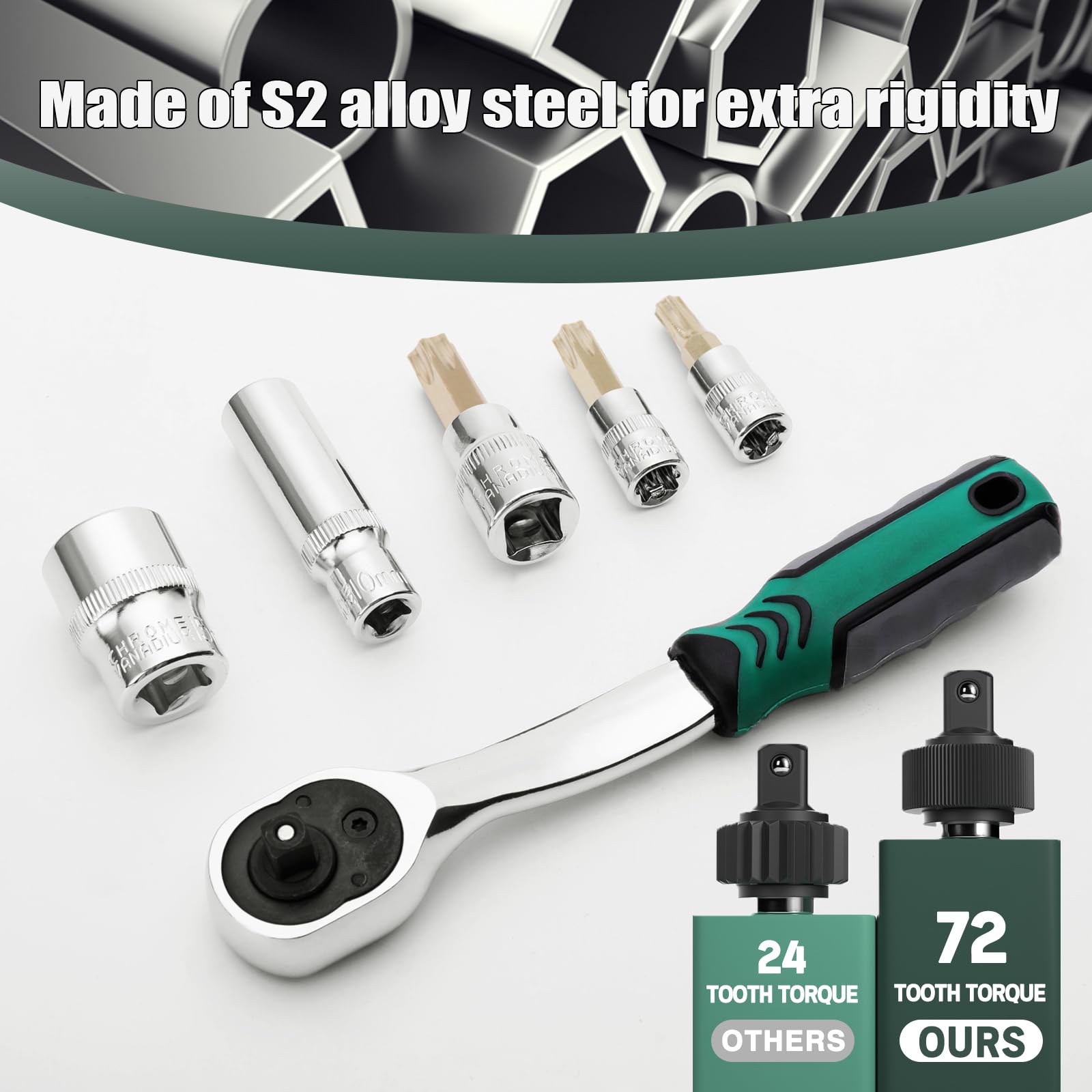 Xislet bent ratchet close-up showing low-profile head and improved torque reach