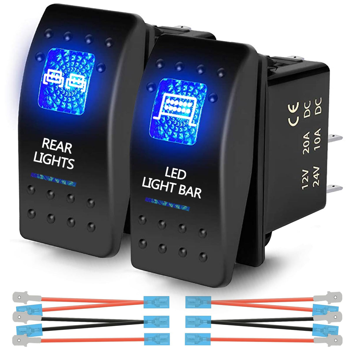 Xislet front view of two blue LED rocker switches showing neat OEM appearance and quick install benefit