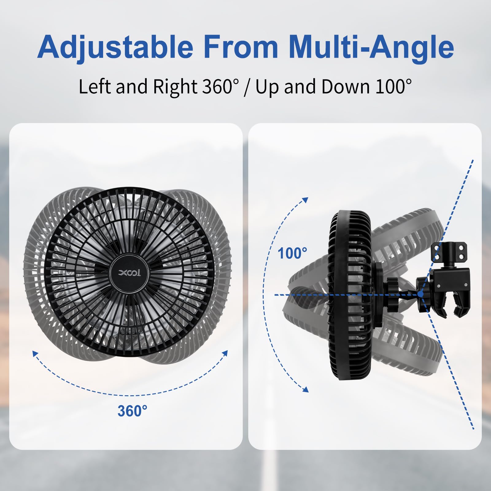 XOOL clip car fan close-up grill highlighting quiet airflow advantage