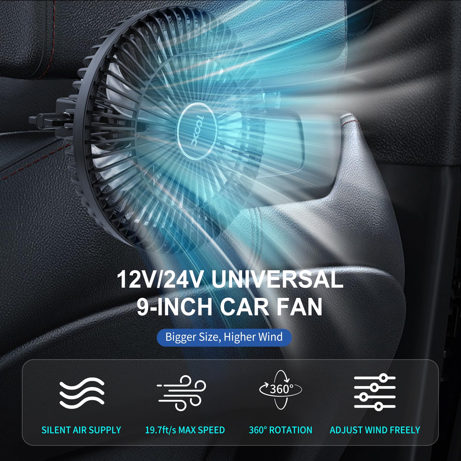 XOOL clip car fan clamp detail demonstrating secure mounting benefit