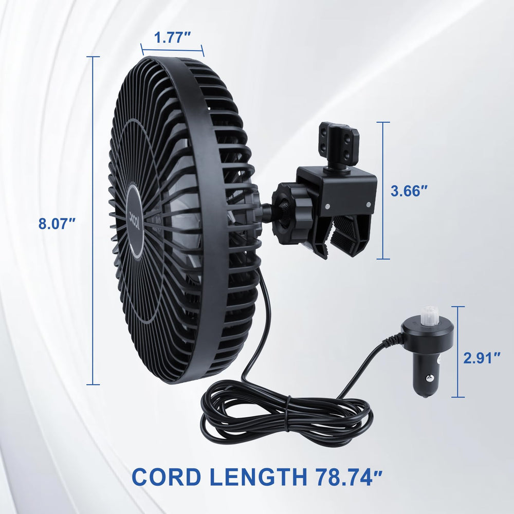 XOOL clip car fan size comparison illustrating compact transportability