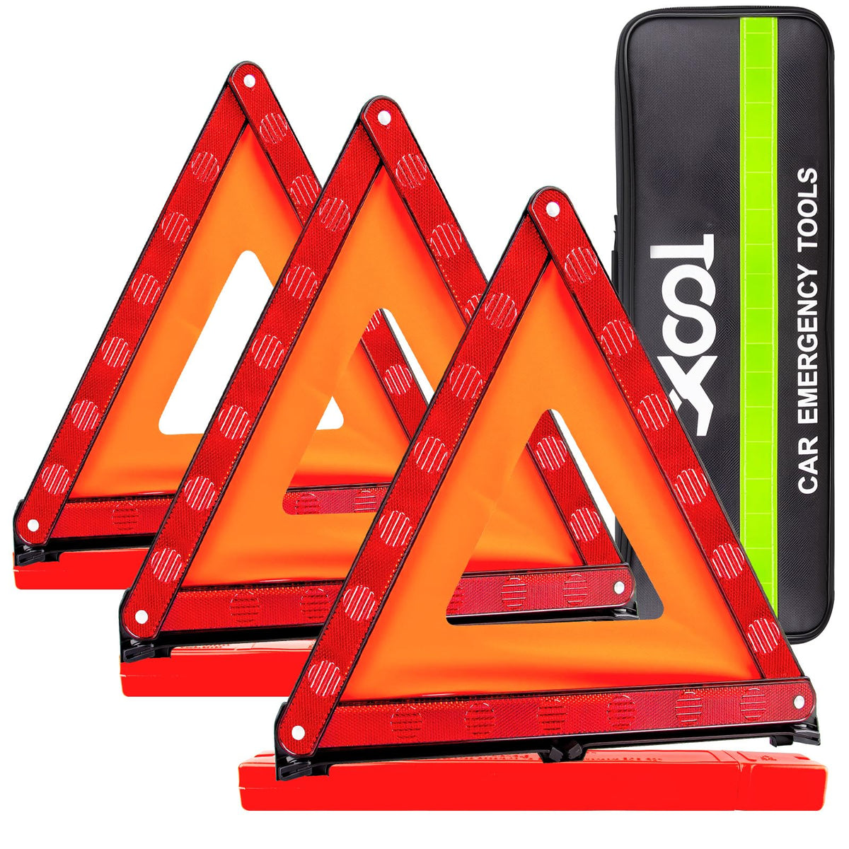 XOOL front view of triangle showing reflective panels and orange border for visibility