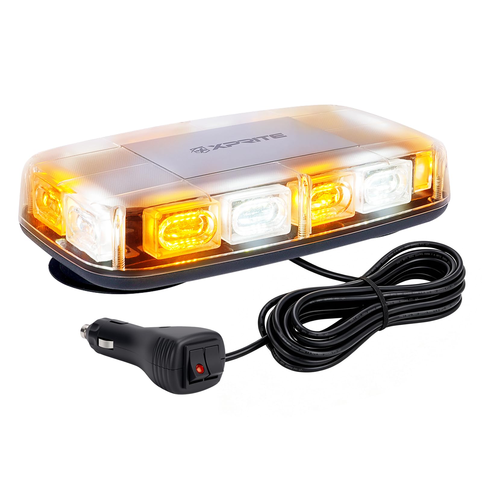Xprite front view of 12-inch strobe showing mixed amber and white LEDs for clear warning