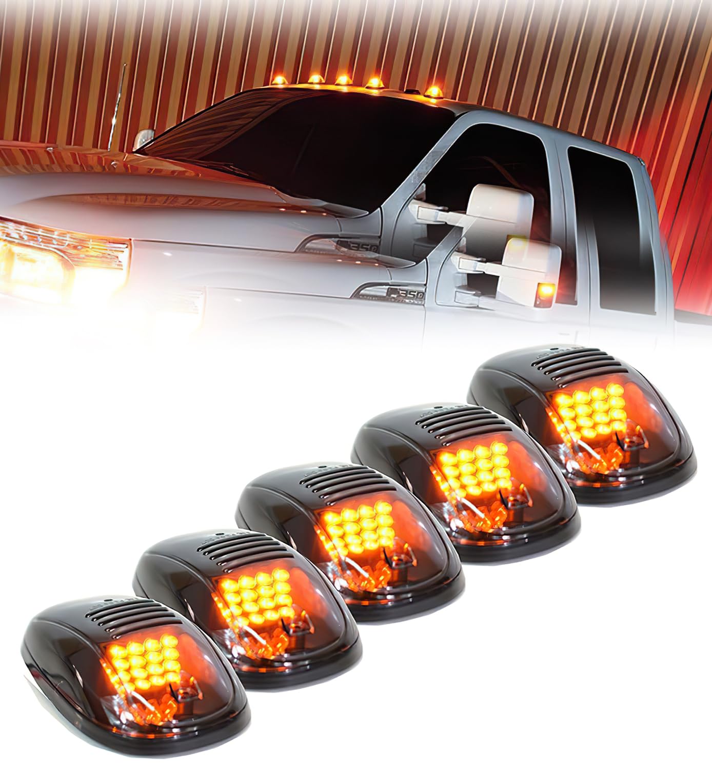 Xprite front view of five amber cab lights showing sleek design and safety