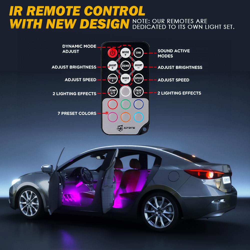 Xprite LED strips installed in a car footwell creating ambient mood and visibility