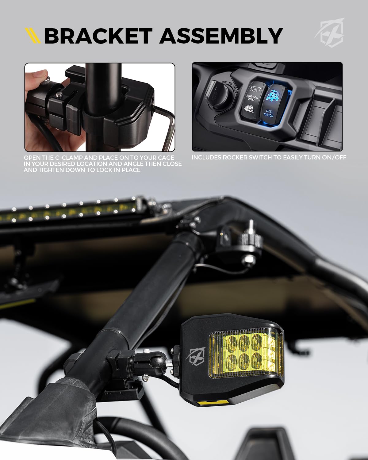 Xprite mirror next to roll cage showing fit for 1.75-2 inch bars for compatibility