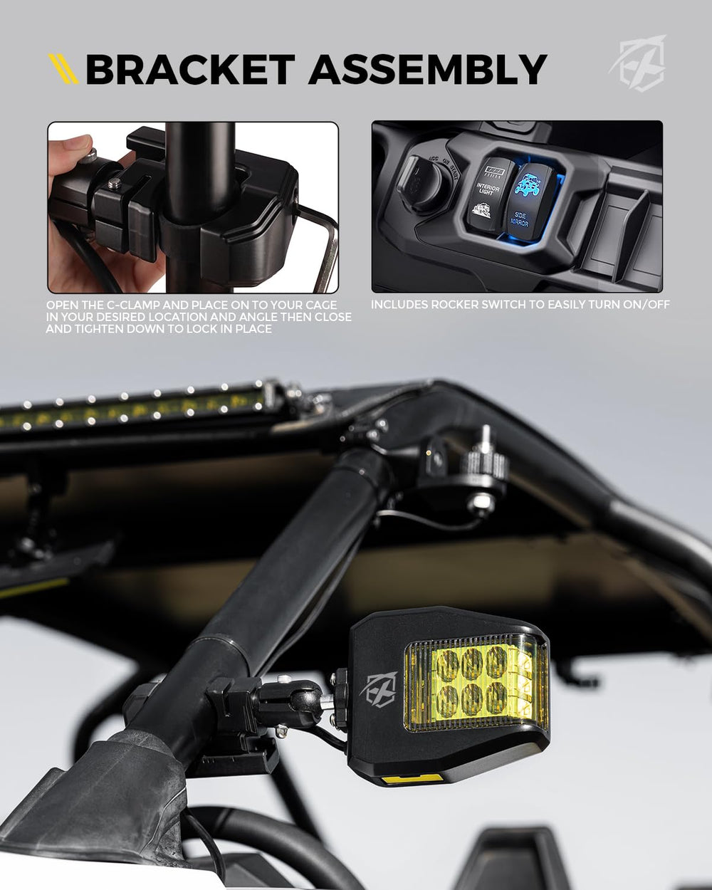 Xprite mirror next to roll cage showing fit for 1.75-2 inch bars for compatibility