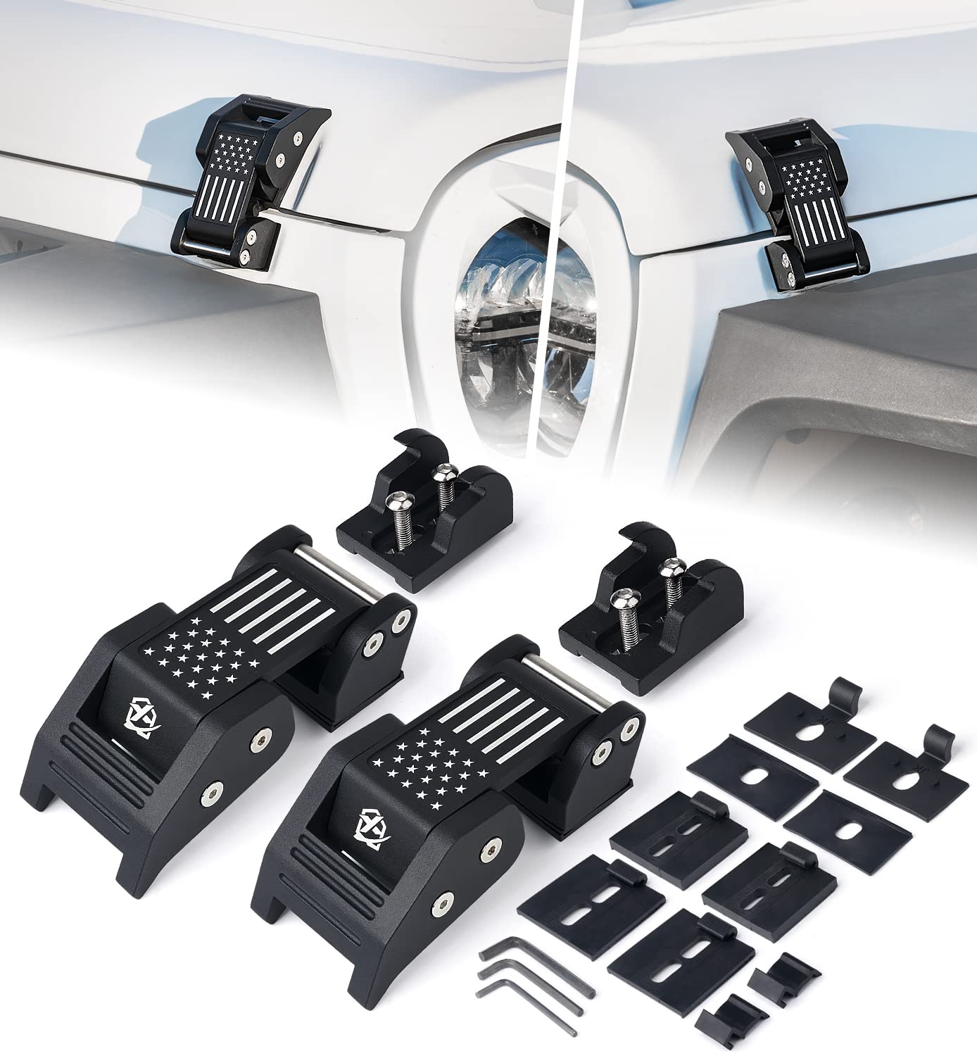 Xprite front view of U.S. flag hood latches showing secure fit and styling benefit