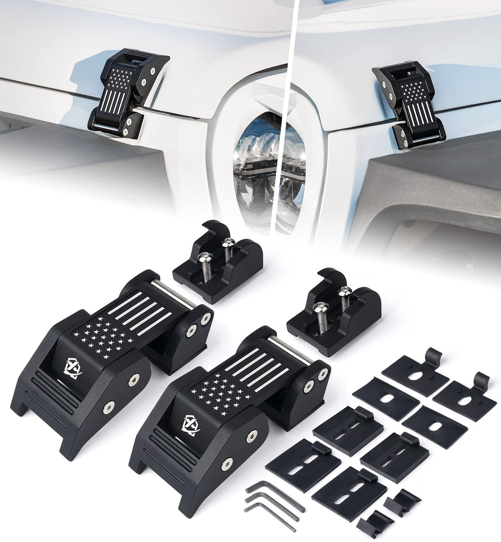 Xprite front view of U.S. flag hood latches showing secure fit and styling benefit