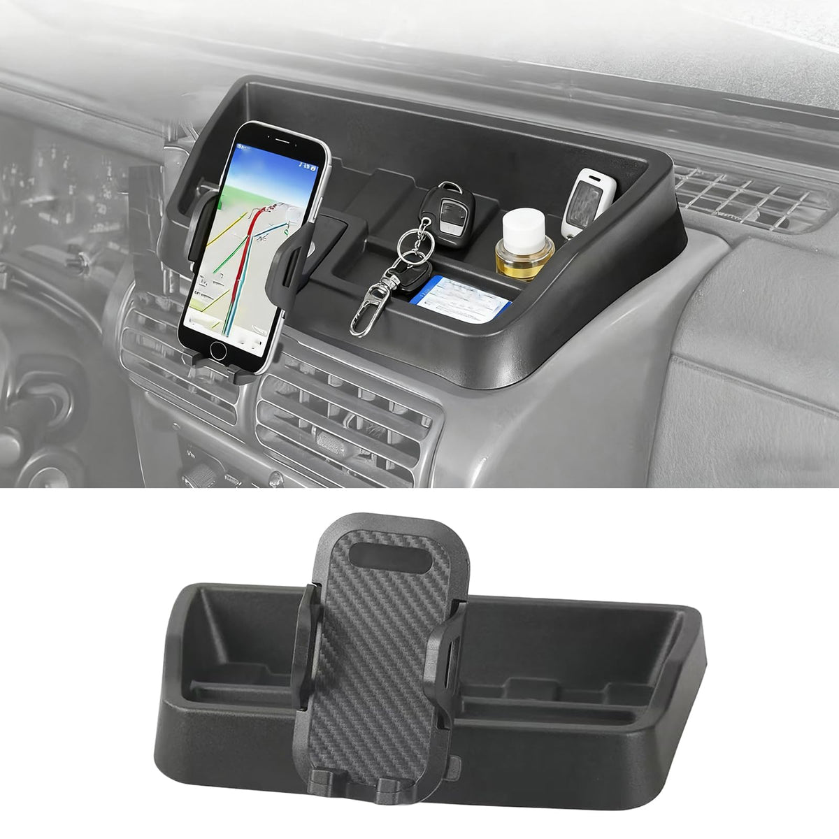 XQTMYHAL front mounted on TJ dash shows neat phone placement and accessibility