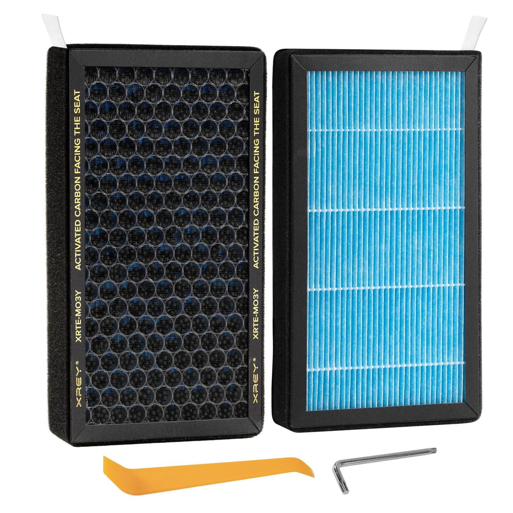 XREY front packaging for Model 3/Y filters showing two-pack and fitment benefits