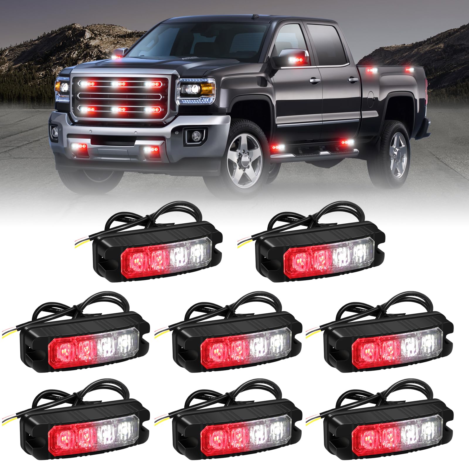 XRIDONSEN front packaging showing eight grill lights and mounting hardware for easy installation