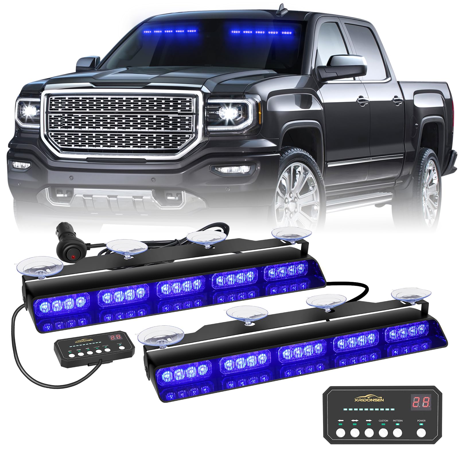 XRIDONSEN front profile strobe light bar showing bright LED array for improved visibility