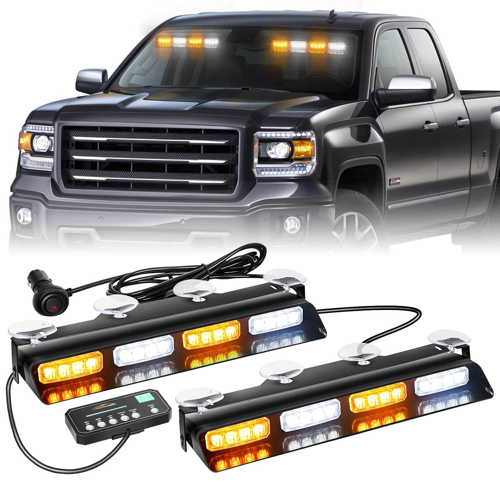 XRIDONSEN front view of 14-inch amber white strobe lights showing visibility benefit