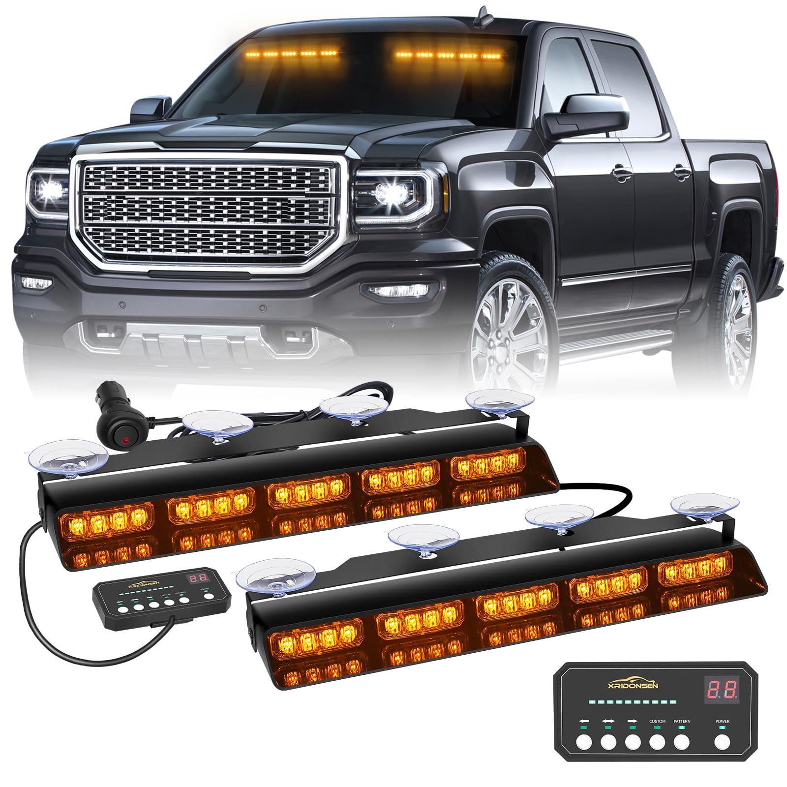 XRIDONSEN front view of amber strobe bar showing bright LEDs and wide coverage