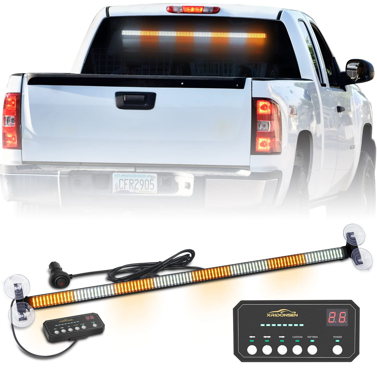 XRIDONSEN front view of 35 inch light bar showing amber white LEDs and compact housing for visibility