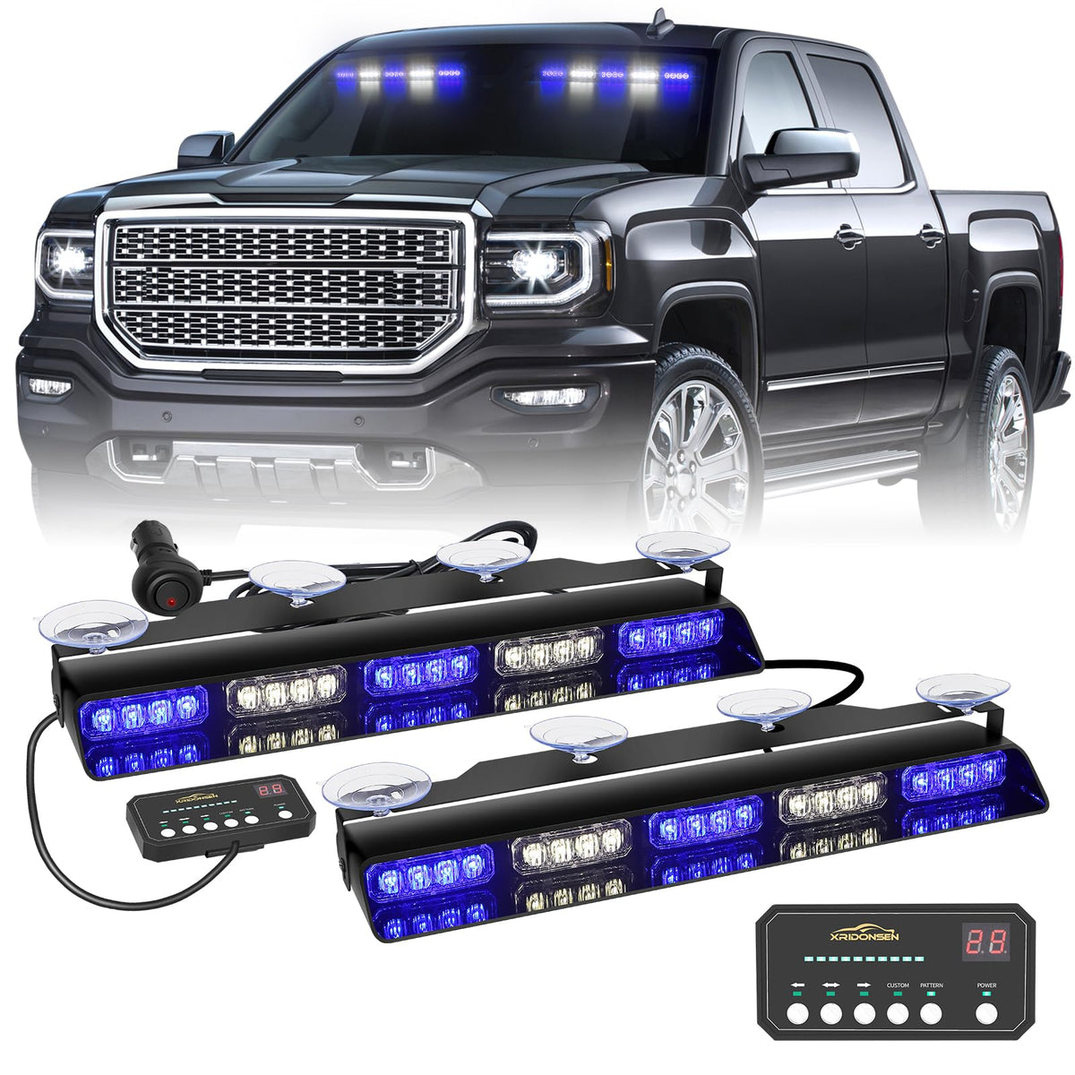 XRIDONSEN front view on dashboard showing compact bar and bright LEDs for clear warning