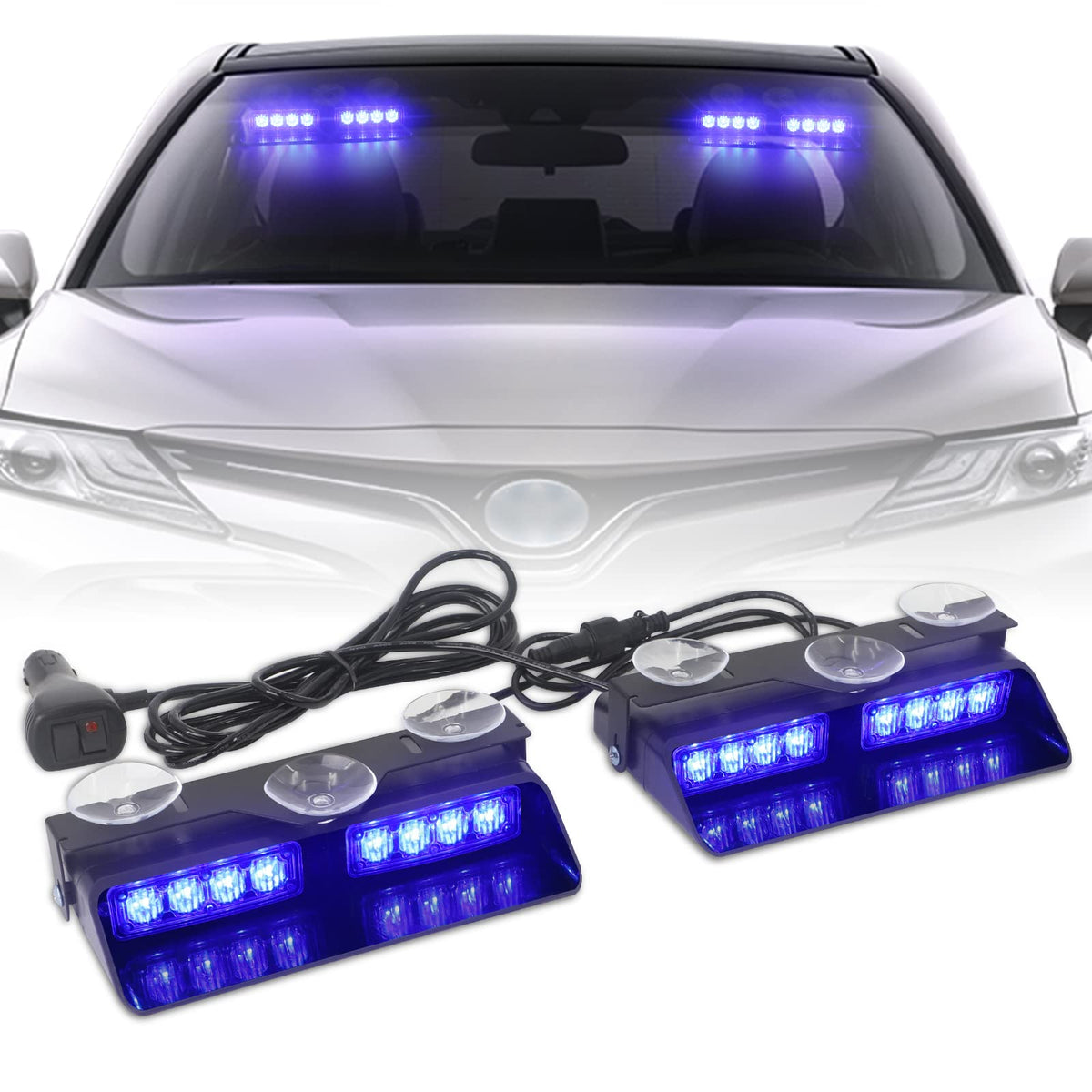 XRIDONSEN front view of dual strobe bar showing bright LEDs and compact design for visibility