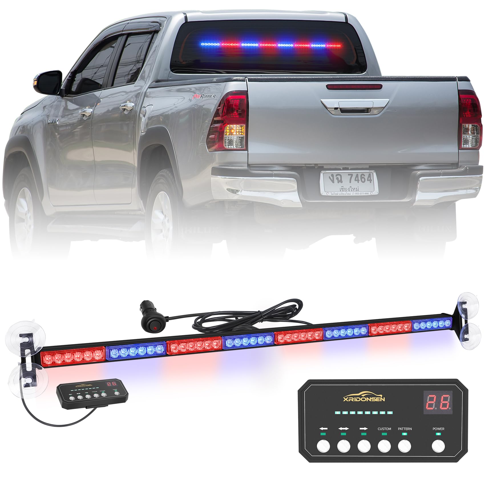 XRIDONSEN front view strobe bar showing LED line and mounting points for high visibility