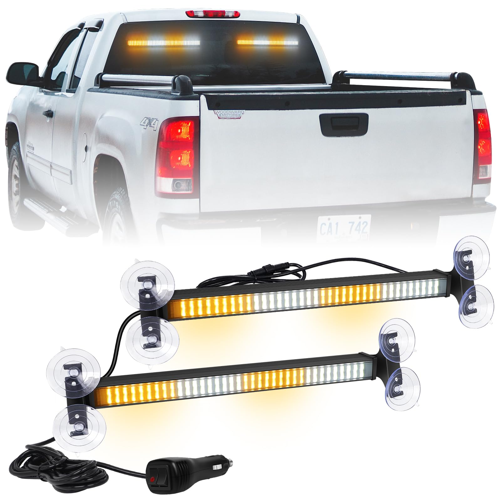 XRIDONSEN front view strobe light bar showing twin amber and white LEDs for high visibility