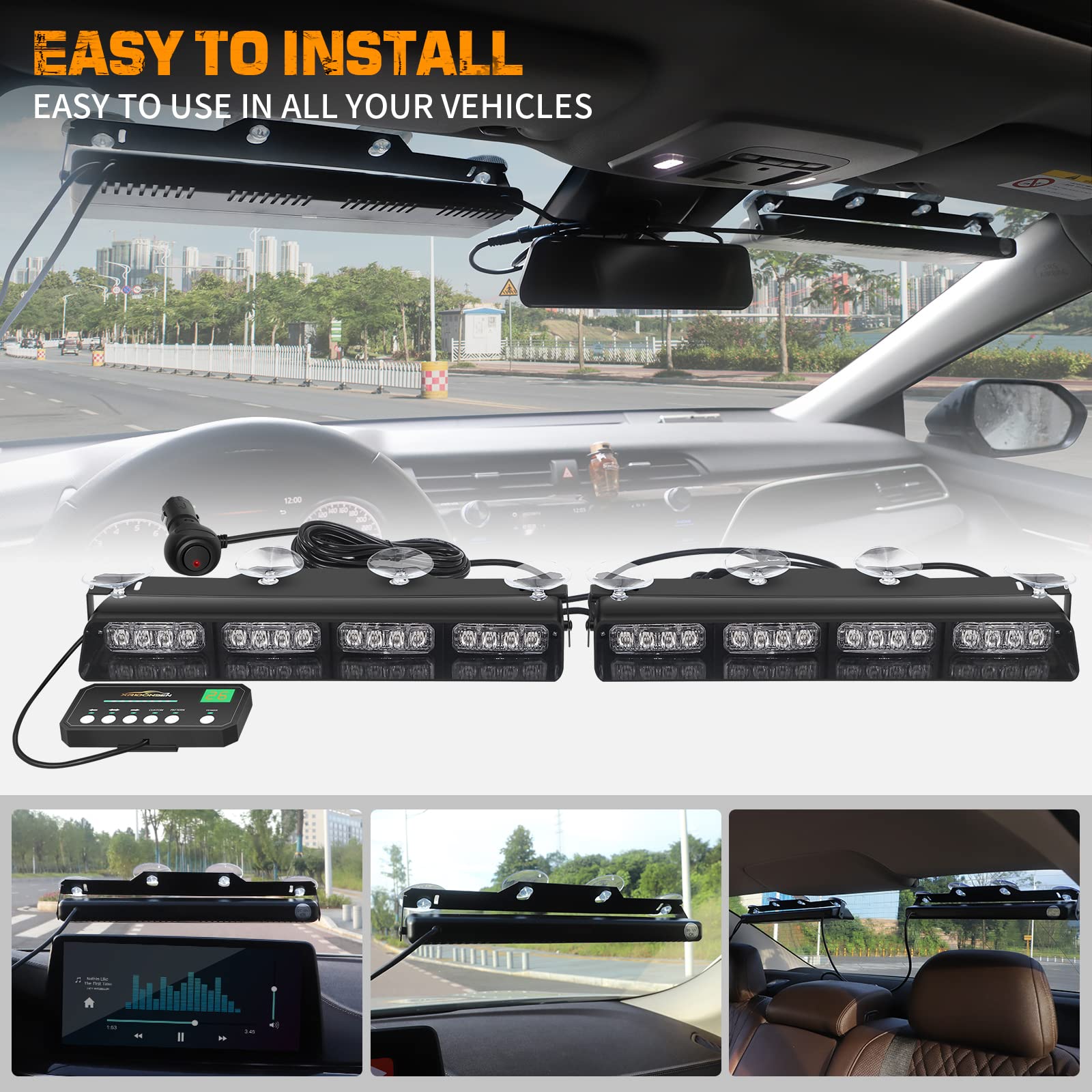 XRIDONSEN strobe bars installed on front windshield improving daytime visibility