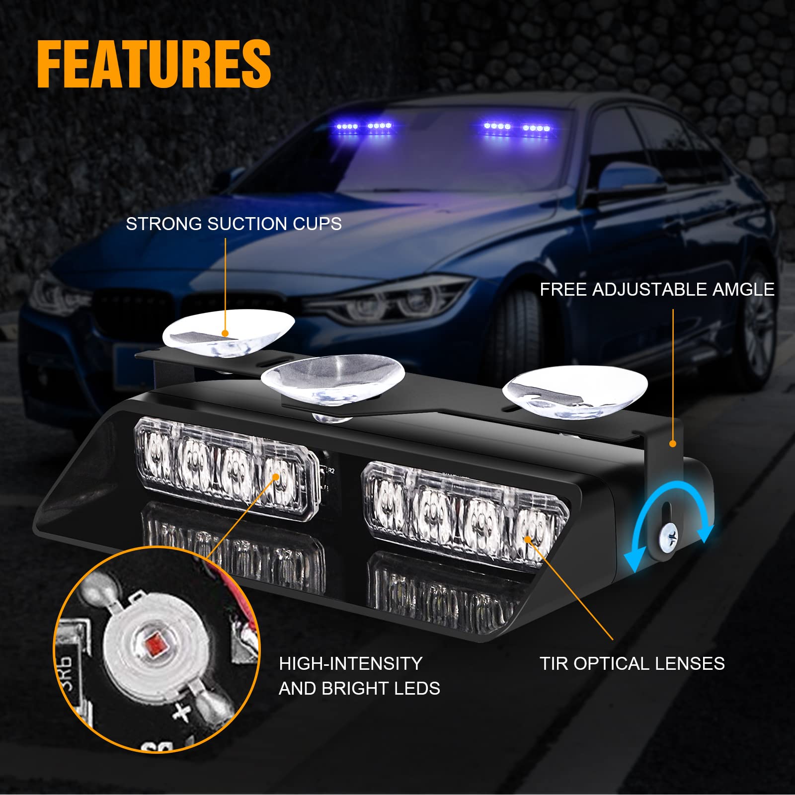 XRIDONSEN strobe mounted on windshield demonstrating secure hold and enhanced roadside visibility