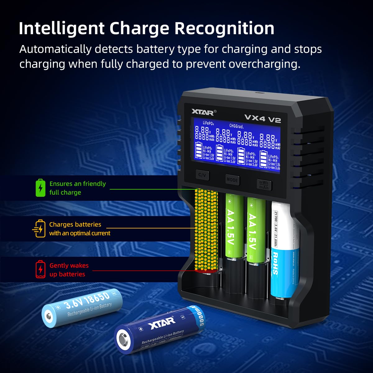 XTAR VX4 V2 charging multiple AA and 18650 batteries demonstrating simultaneous charging
