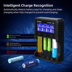 XTAR VX4 V2 charging multiple AA and 18650 batteries demonstrating simultaneous charging