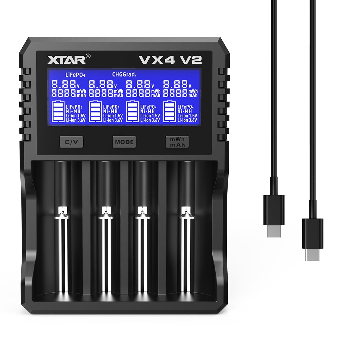 XTAR VX4 V2 front view showing all four slots and labels for easy organization