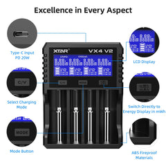 XTAR VX4 V2 clear LCD closeup displaying voltage, current and elapsed time readouts