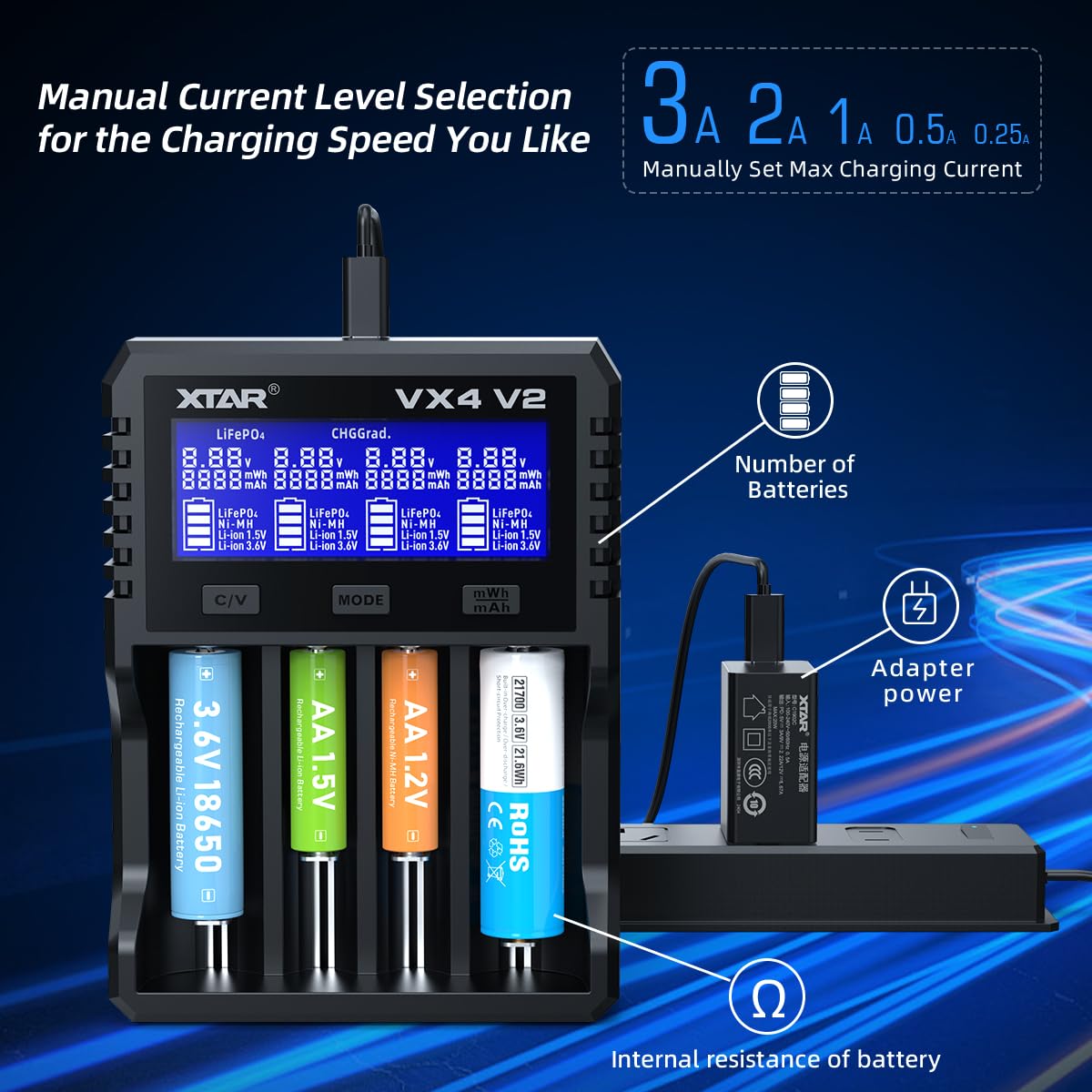 XTAR VX4 V2 slot detail with cell contacts visible for secure connection and safety