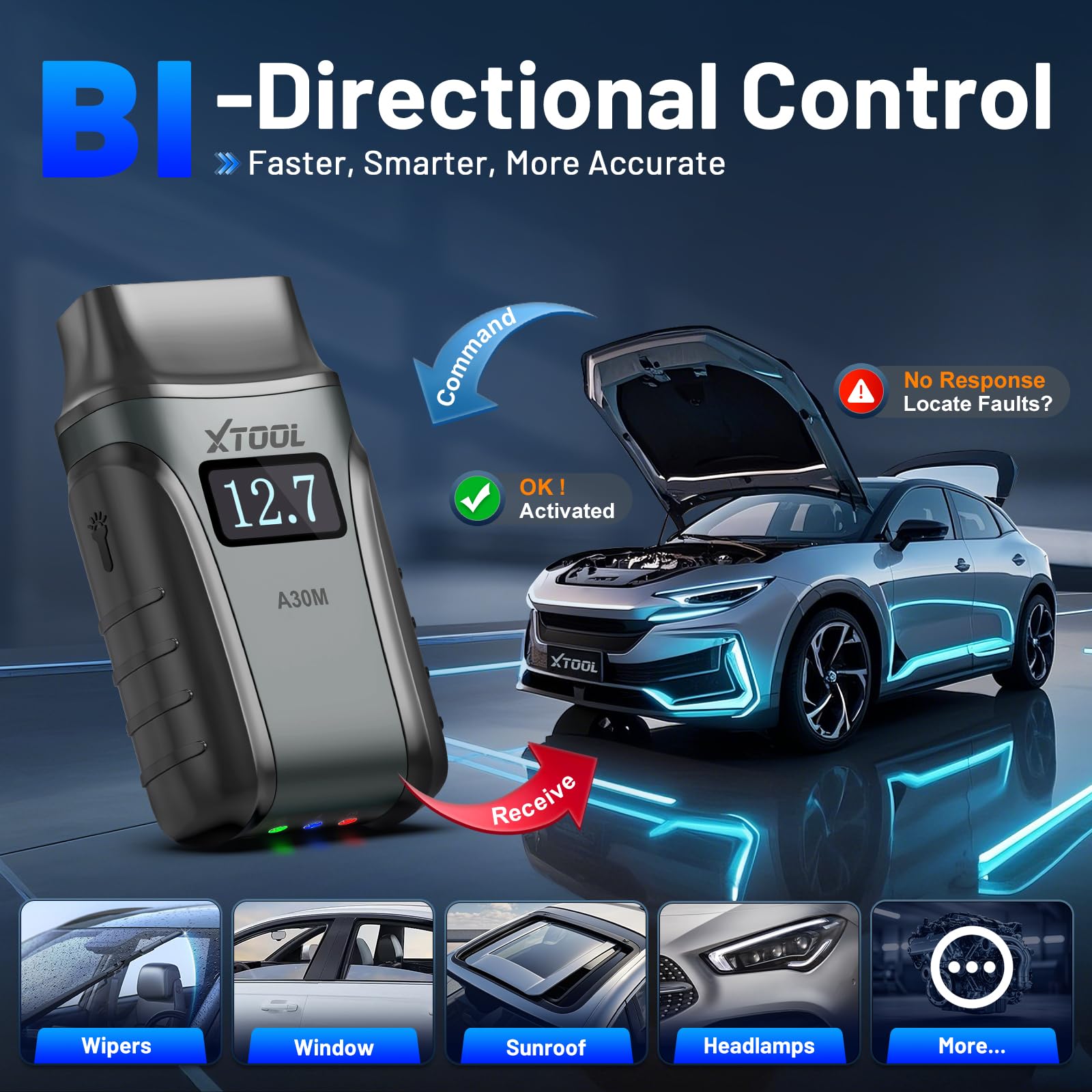 XTOOL A30M active test display illustrating bidirectional control for faster troubleshooting