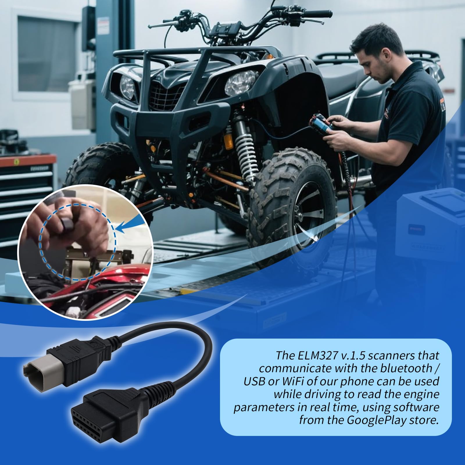 XTPTFABS adapter connected to motorcycle port enabling live data