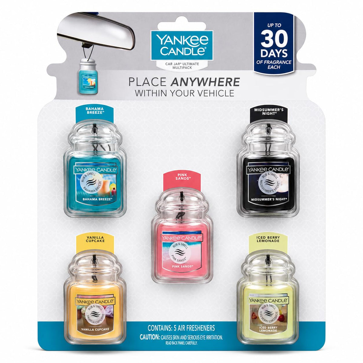 Yankee Candle front packaging showing five Car Jar fragrances and multipack benefit