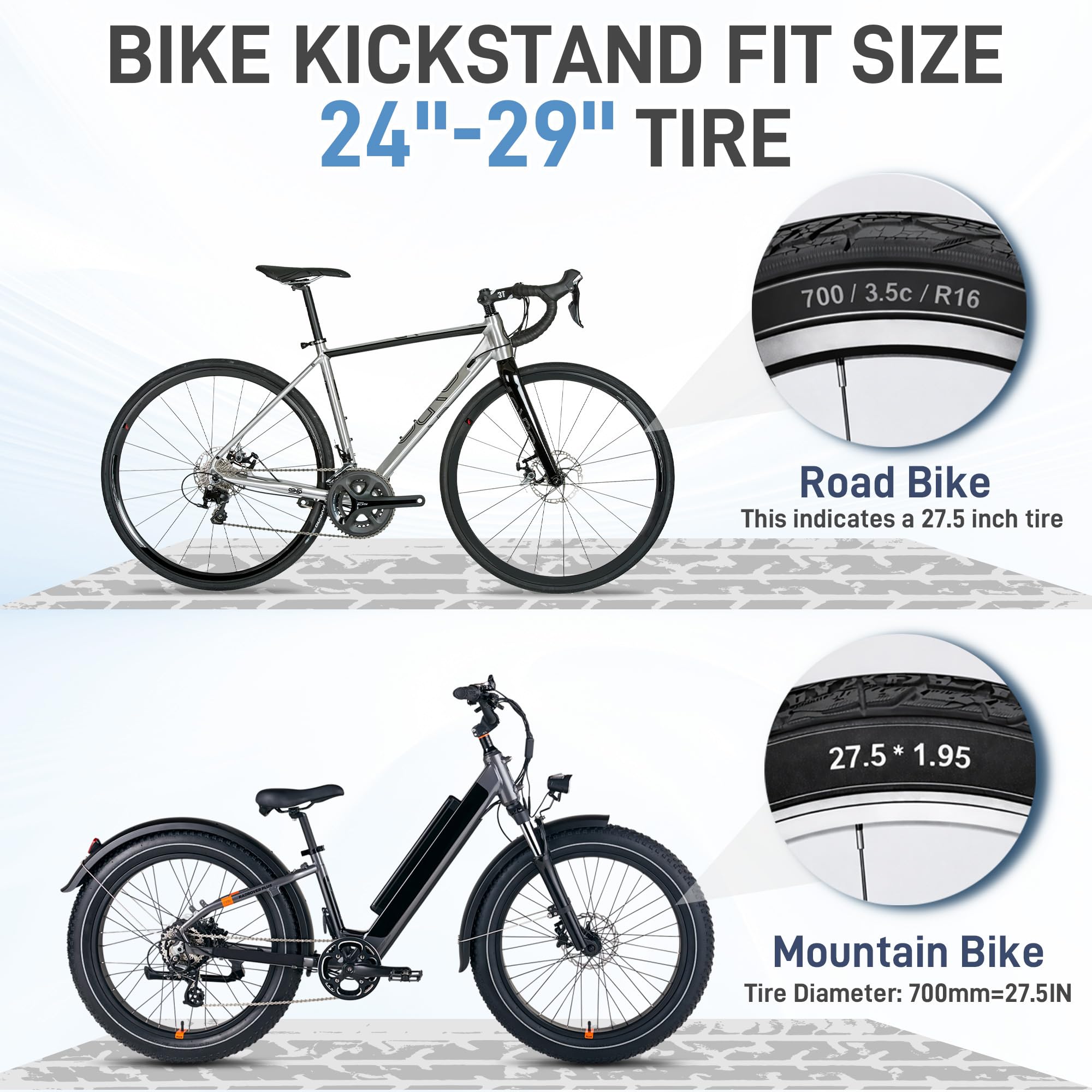 YarYebe kickstand holding a mountain bike upright on gravel securely
