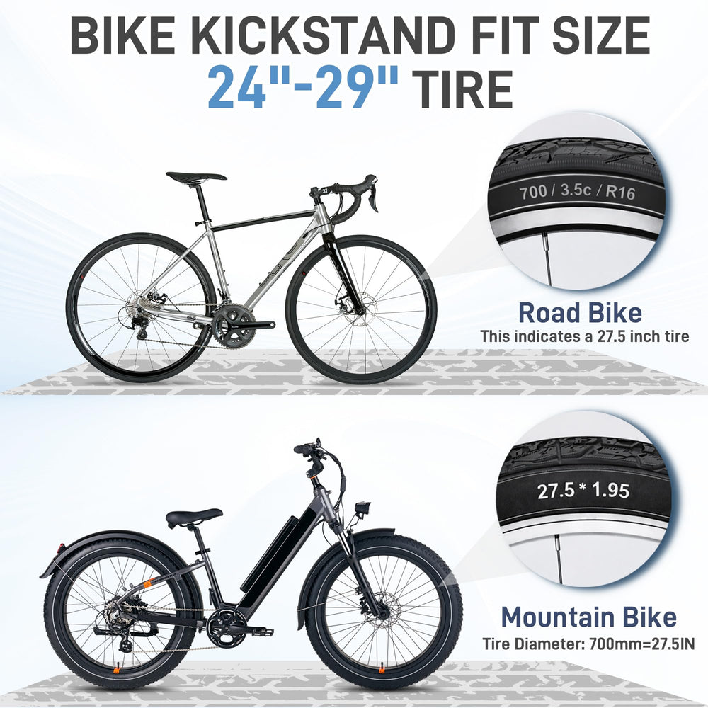 YarYebe kickstand holding a mountain bike upright on gravel securely