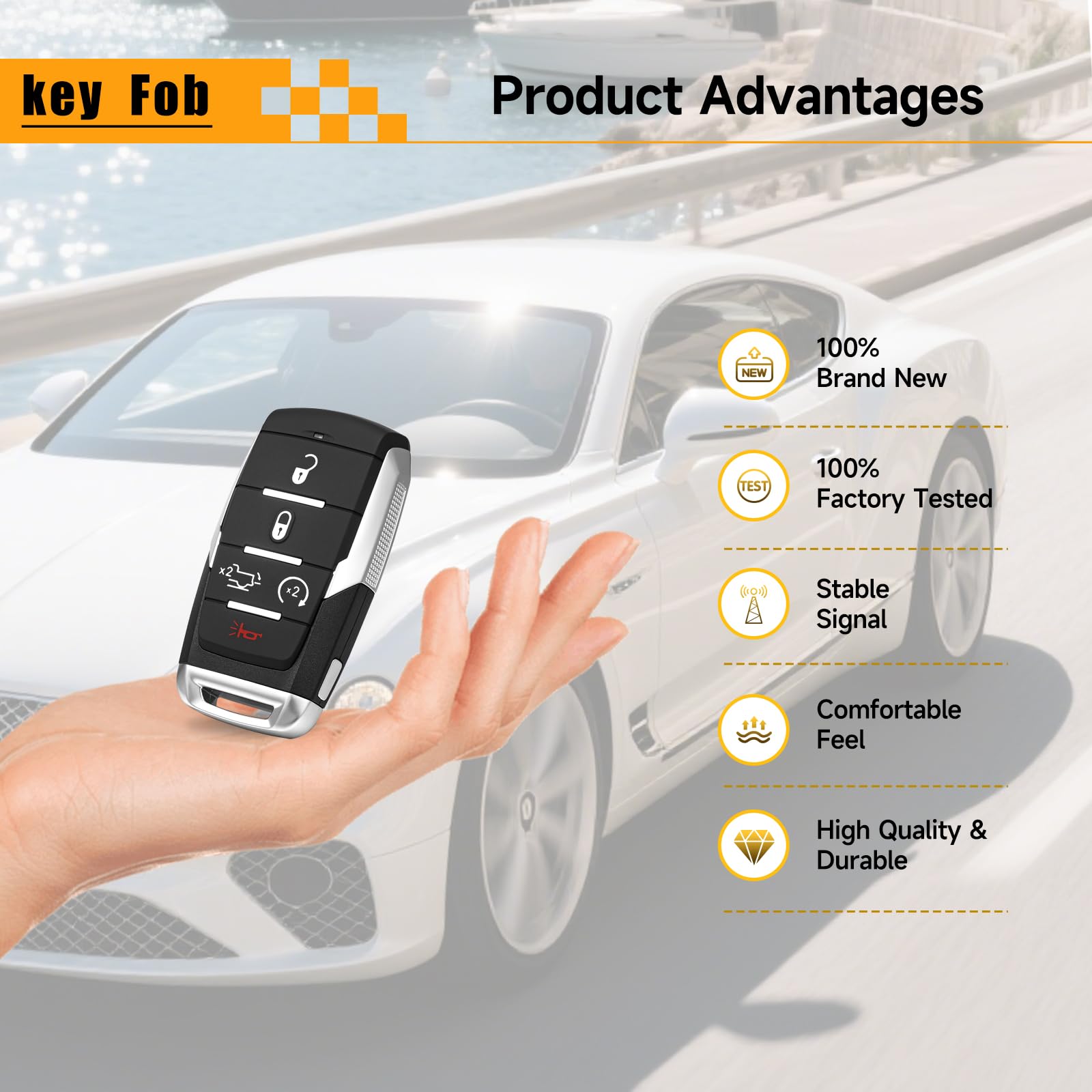 YDTHTLAH remote beside Dodge Ram TRX illustrating vehicle fit and practical use