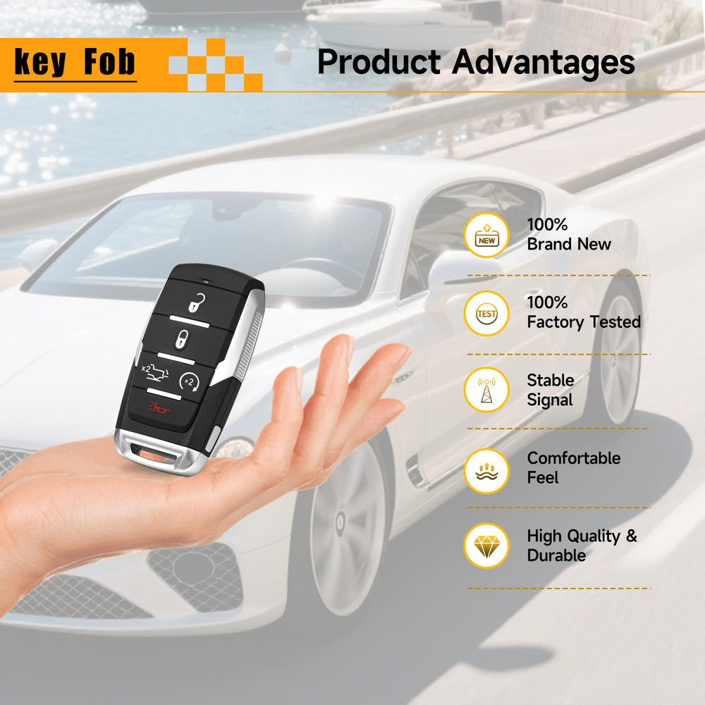 YDTHTLAH remote beside Dodge Ram TRX illustrating vehicle fit and practical use