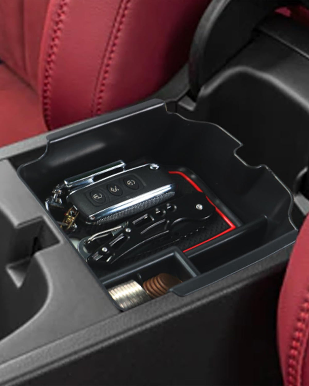 YEE PIN tray front view showing fit and red finish for clean console organization