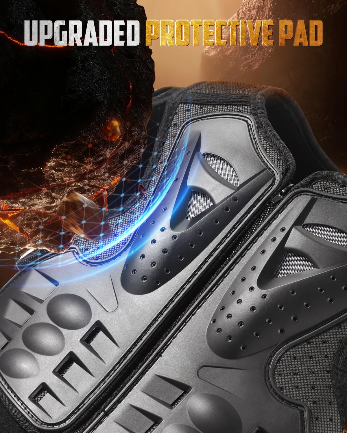 yeesport articulated back panel detail demonstrating flexible spinal protection