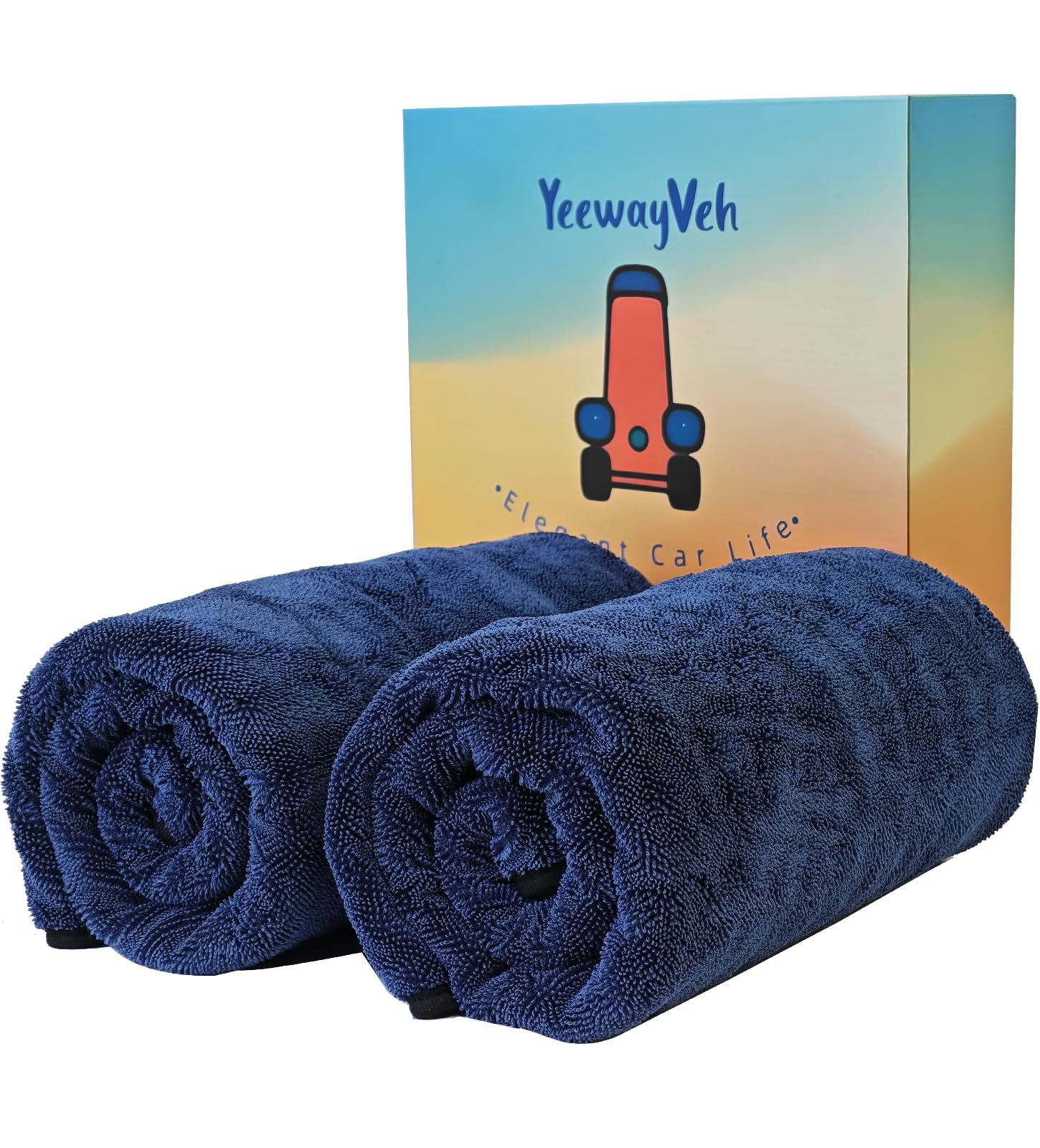 YeewayVeh front packaging showing two blue long-reach towels and benefits