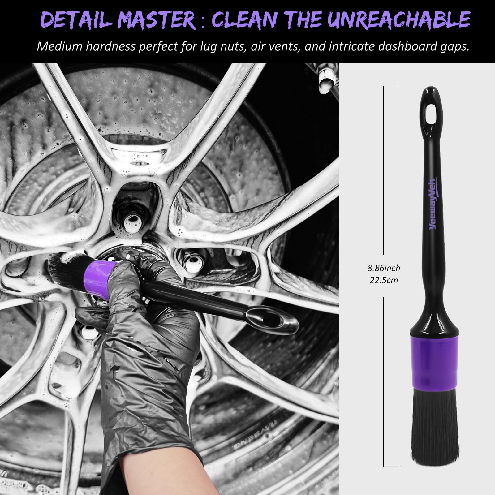 YeewayVeh slim pointed detail brush cleaning lug nut area for precise spot cleaning