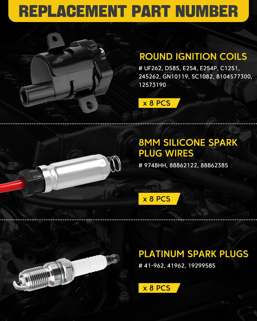 YEHERIT coils wires and plugs laid out to show included complete ignition set