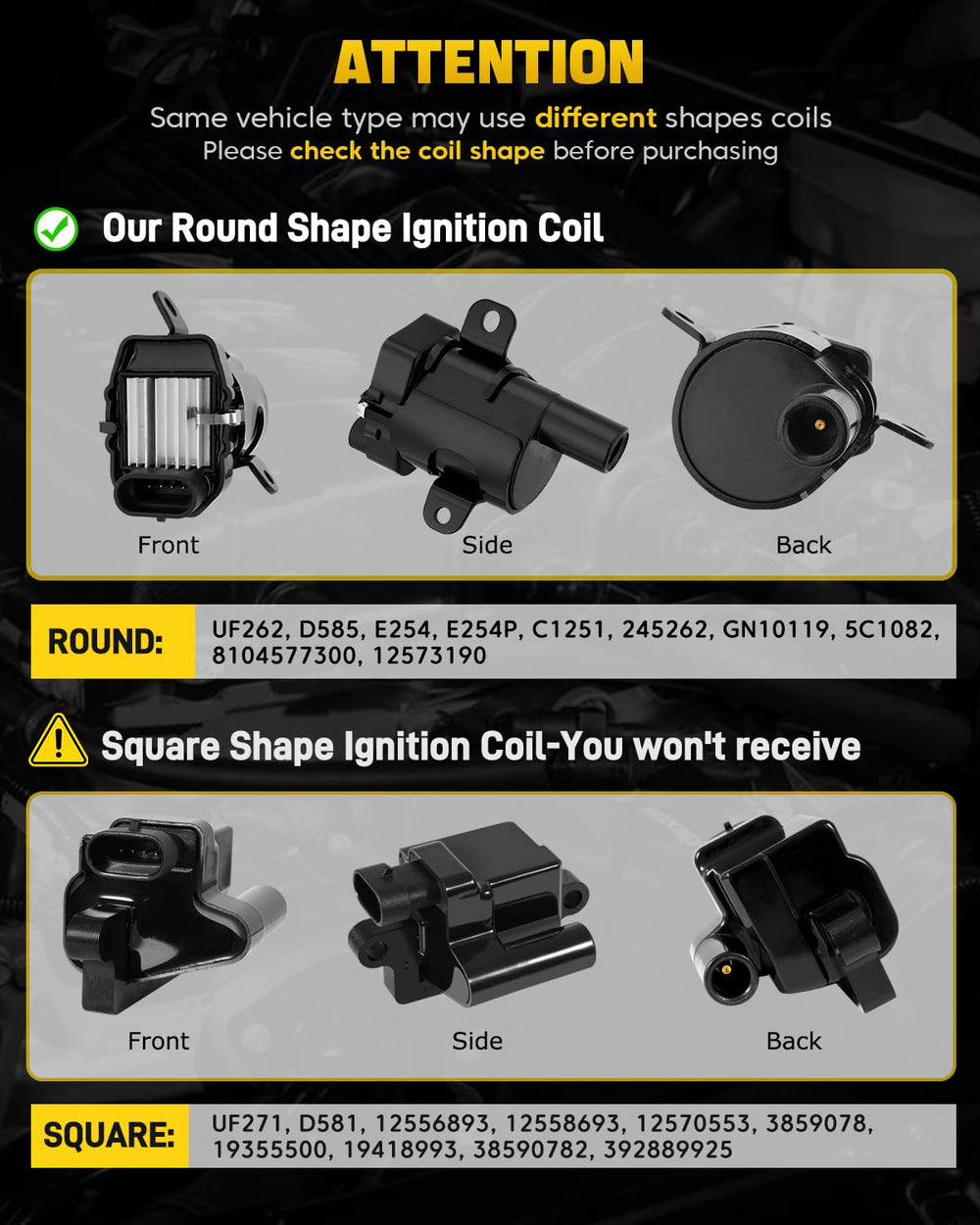 YEHERIT UF262 round ignition coil close-up highlighting durable build and fit
