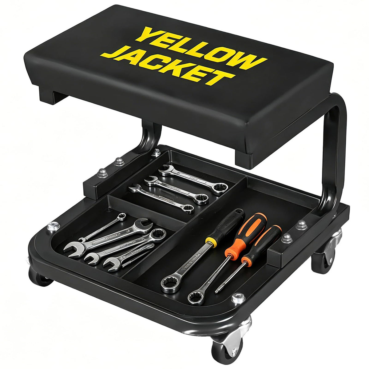 YELLOW JACKET front view of mechanic rolling stool showing stable frame and seat, for workshop efficiency